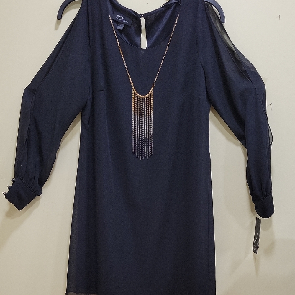 BCX Navy Cold-Shoulder Long Sleeve Shift Dress